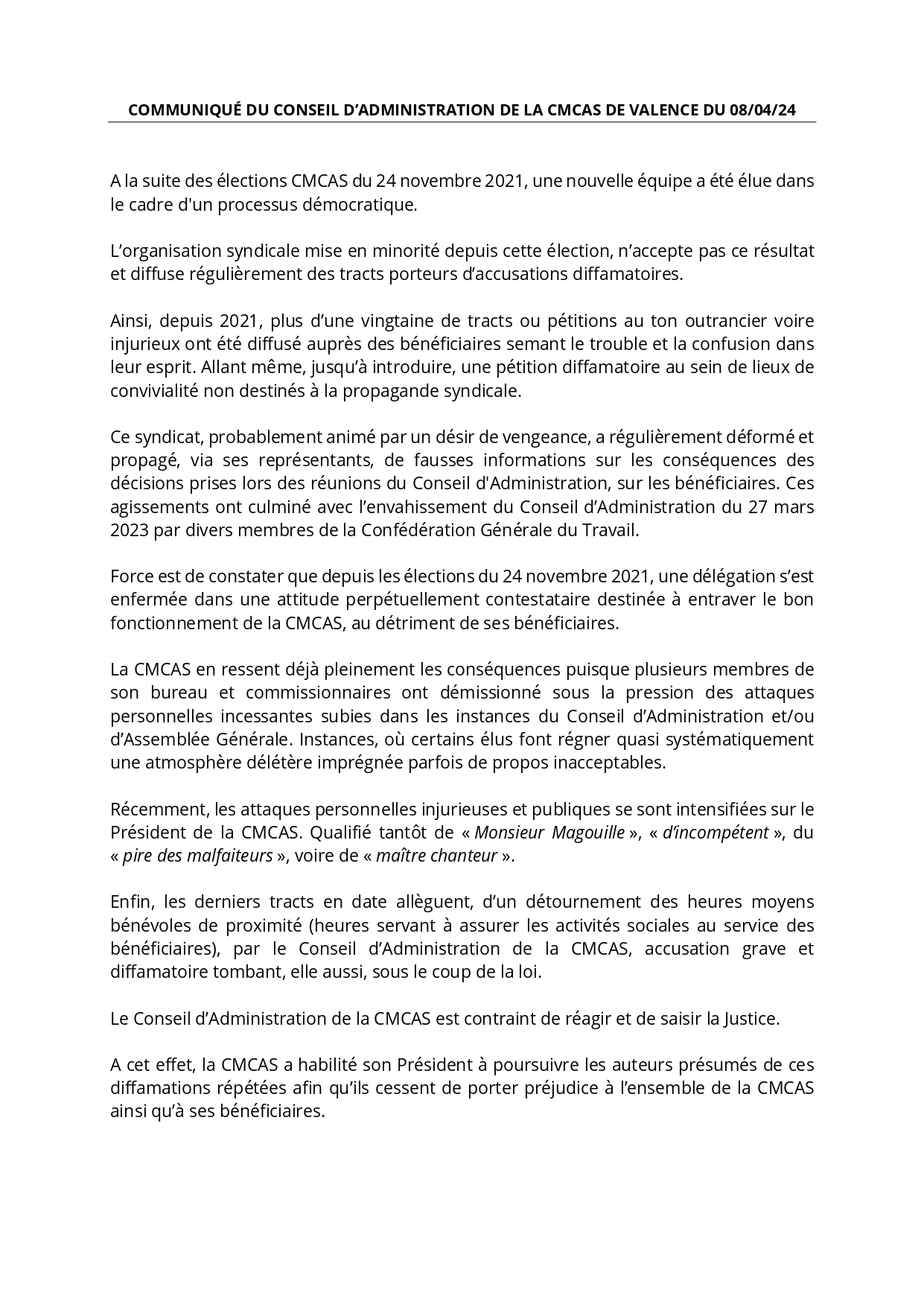 Communiqué du conseil d'administration de la CMCAS Valence du 08/04/2024